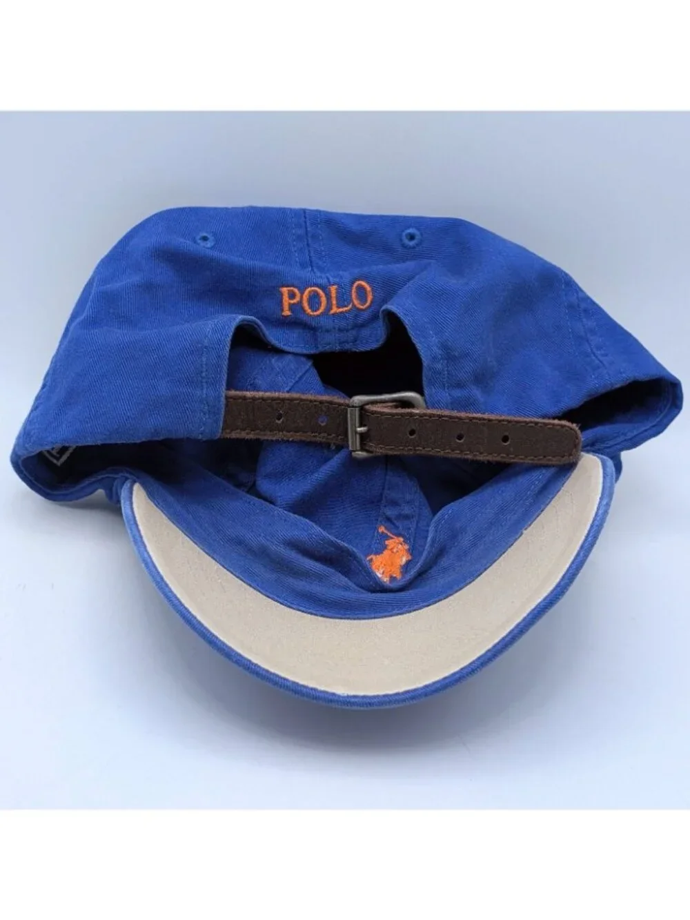Vintage Polo Ralph Lauren Hat Blue Orange Pony Logo Leather Strap Back Y2K